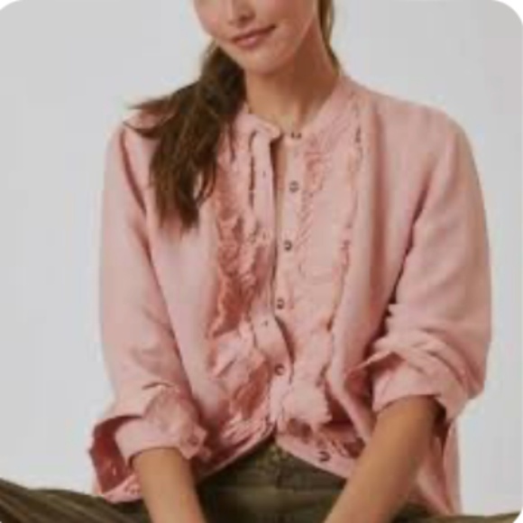 Anthropologie Pilcro Peach Button Down Ruffle Placket Top Linen Sz S - Picture 1 of 1
